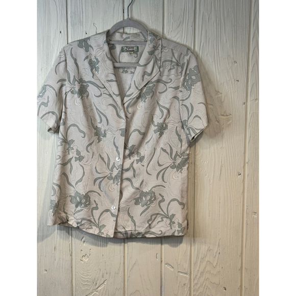 Tommy Bahama Women's Silk Short Sleeve Blouse Beige Green M - Picture 1 of 12